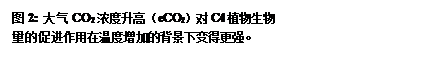 文本框: 图2: 大气CO2浓度升高（eCO2）对C4植物生物量的促进作用在温度增加的背景下变得更强。